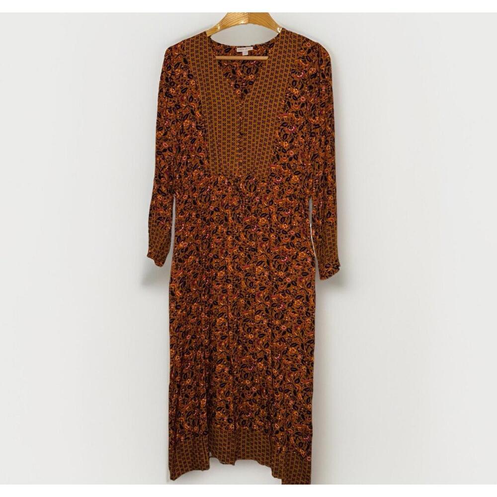 Knox Rose Long Sleeve Maxi Dress XL Golden Orange Floral Button Front Prairie